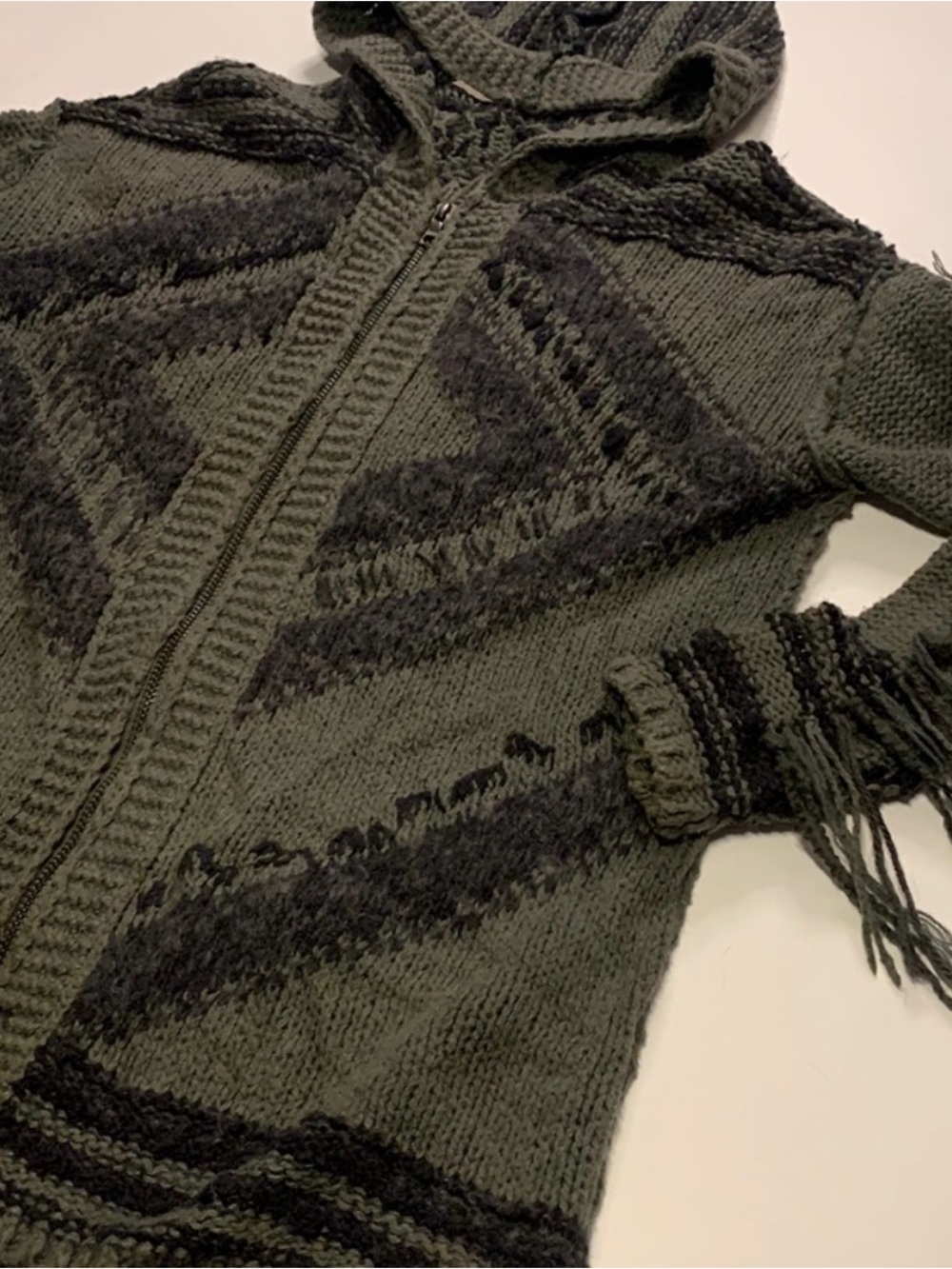 Free People Olive Green and Black Hooded Zip Cardigan